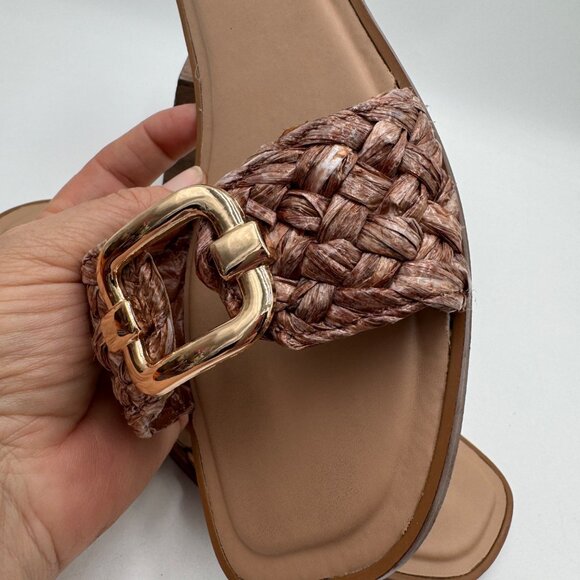 Steve Madden Women's Tan and Brown Sandals raffia fabric woven gold tone large b - Picture 7 of 13